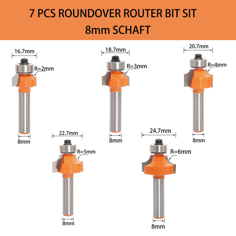 Sinoprotools 7 piece rounding cutter and quarter bar cutter set, 8mm shank round cutter & radius cutter, rounding cutter router with ball bearing, edge cutter/milling table radius 2-3-4-5-6-8-10 (set of 7) 7-piece rounding cutter shaft 8mm