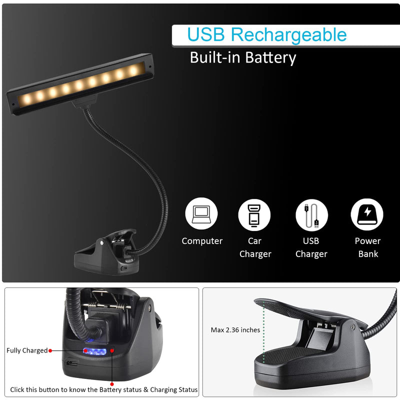 Rechargeable Music Stand Light, 19 LEDs Clip On Reading Light - 3 Level Brightness Settings, 3 Color Temperature Optional (Warm/Cool White/Natural Light Color), Perfect for Piano, Reading, Sewing Black