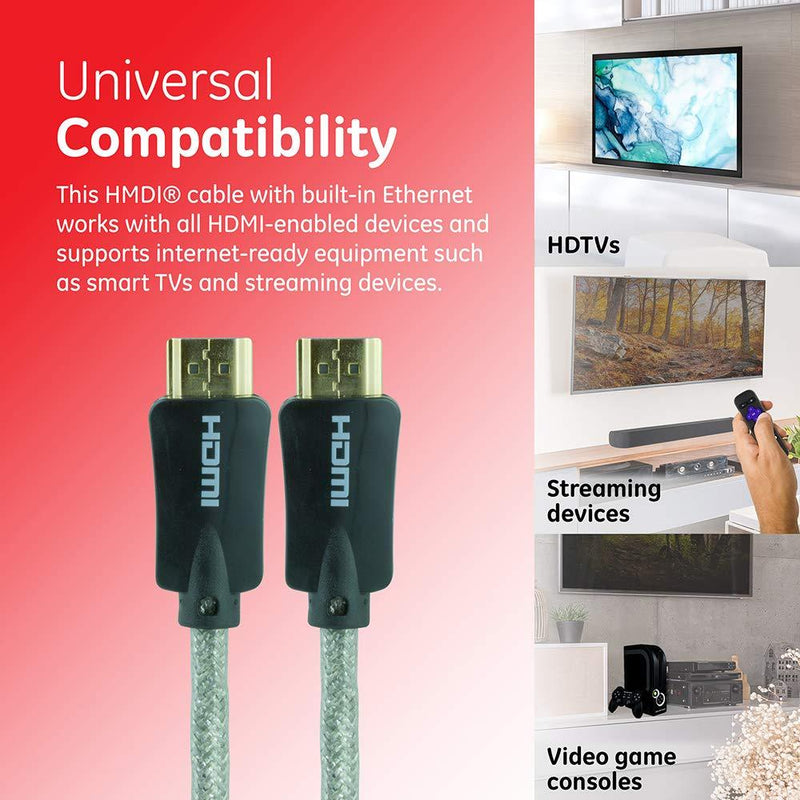 GE 4K HDMI Cable, 6 ft. HDMI 2.0 High Speed 18 Gbps with Ethernet, 4K 60Hz, 1440p 1080p 120Hz, HDR, for HDTV, Streaming, Blu-ray, Gaming, PS4 Pro PS5 Xbox, 33522 6 ft.