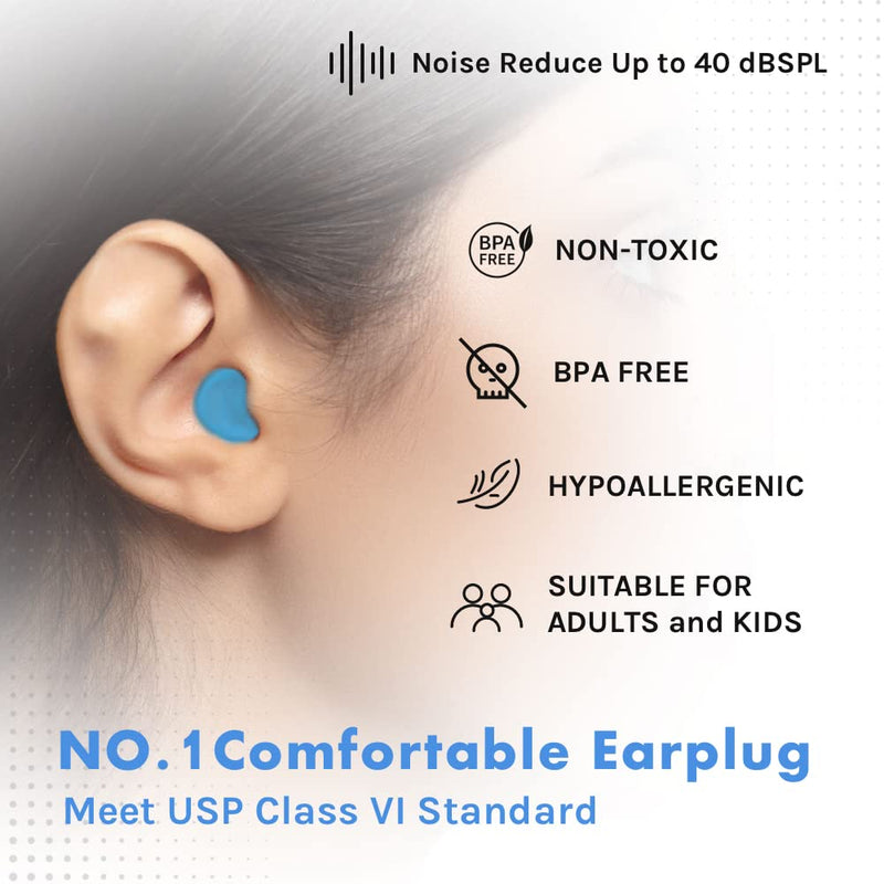 Ear Plugs for Sleeping, Acousdea Reusable Moldable Silicone Ear Plugs, Waterproof, Suitable for Snoring, Swimming, Working, Studying, Noise Cancelling up to 40 dBSPL, Blue with Carry Case, 3 Pairs Pretty Blue