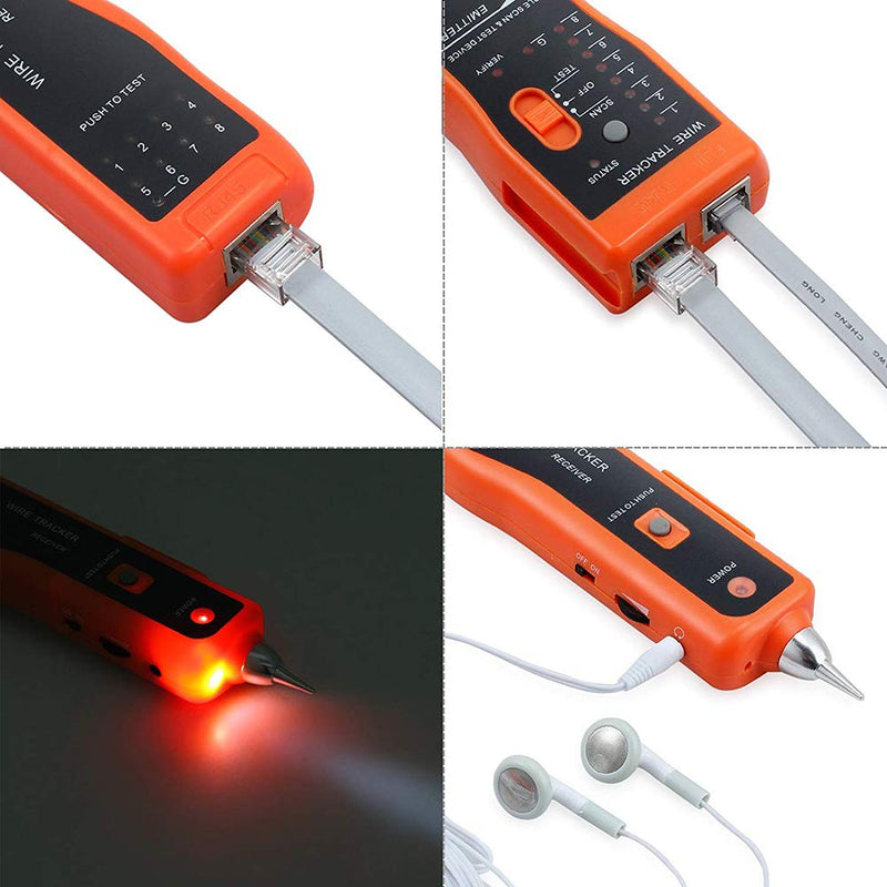 BOOGIIO Wire Tester RJ45 RJ11 Cable Tracker Line Finder Multifunction Wire Tracker Ethernet LAN Network Cat5 Cat6 with Earphone for Cable Collation, Network Maintenance Collation, Telephone Line Test Orange