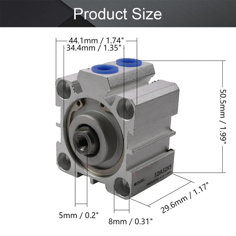 Othmro SDA32 x 5 Sealing Thin Air Cylinder Pneumatic Air Cylinders, 32mm/1.26inch Bore 5mm/0.2inch Stroke Aluminium Alloy Pneumatic Components for Pneumatic and Hydraulic Systems 1pcs