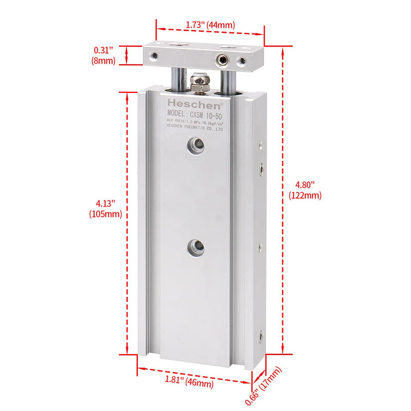 Heschen Double Aluminum Air Cylinder CXSM 10-50 Guide Rod Plate Double Rod Guided Pneumatic Plain Bearing Padded 10mm Bore 50mm Stroke Double Acting