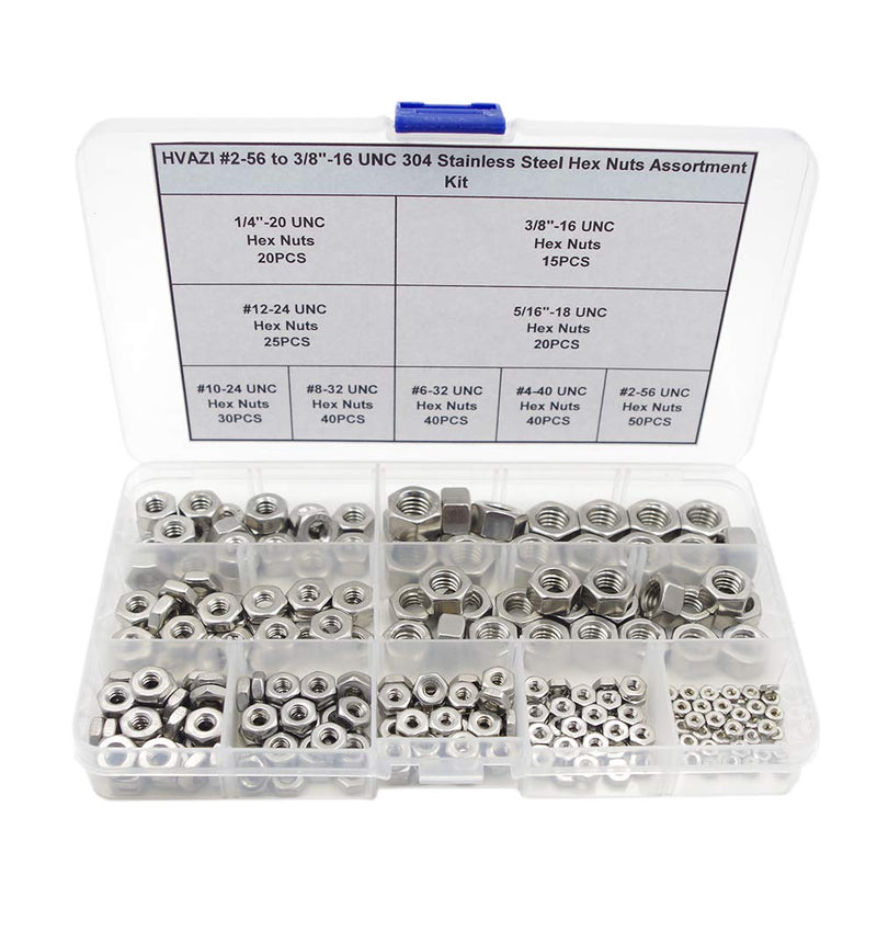 HVAZI #2-56 to 3/8"-16 UNC 304 Stainless Steel Hex Nuts Assortment Kit