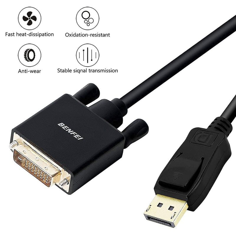 DisplayPort to DVI Adapter, Dp Display Port to DVI Converter Male to Male Gold-Plated Cord 6 Feet Black Cable for Lenovo, Dell, HP and Other Brand 1 PACK