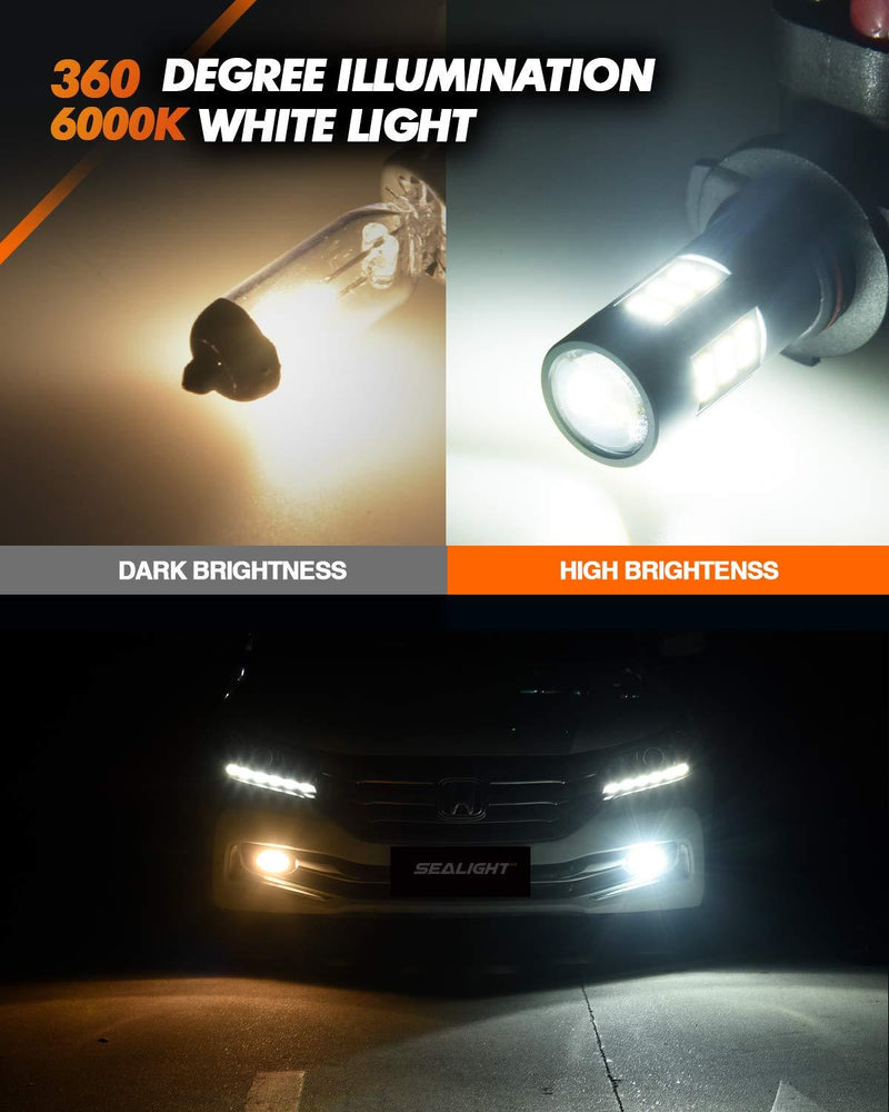 SEALIGHT H10/9145/9140/9045/9040 LED Fog Light Bulbs, 6000K Xenon White, 27 SMD Chips, 360-degree Illumination, Non-polarity, Pack of 2