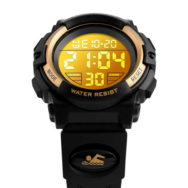Kids Digital Watch Outdoor Sports 50M Waterproof Electronic Watches Alarm Clock 12/24 H Stopwatch Calendar Boy Girl Wristwatch Black Gold