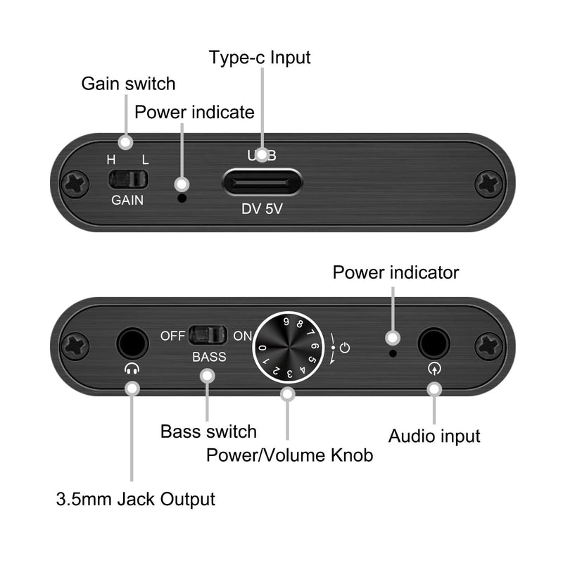 Headphone Amplifier with Bass Boost, Support 3.5mm AUX and Type-C 16-600Ω Headphone -3.5mm Stereo Audio Out, GAIN, Bass for Mac, Phones, iPad, MP3, MP4 and Computers,Xbox one,PS4,PS5 Controller