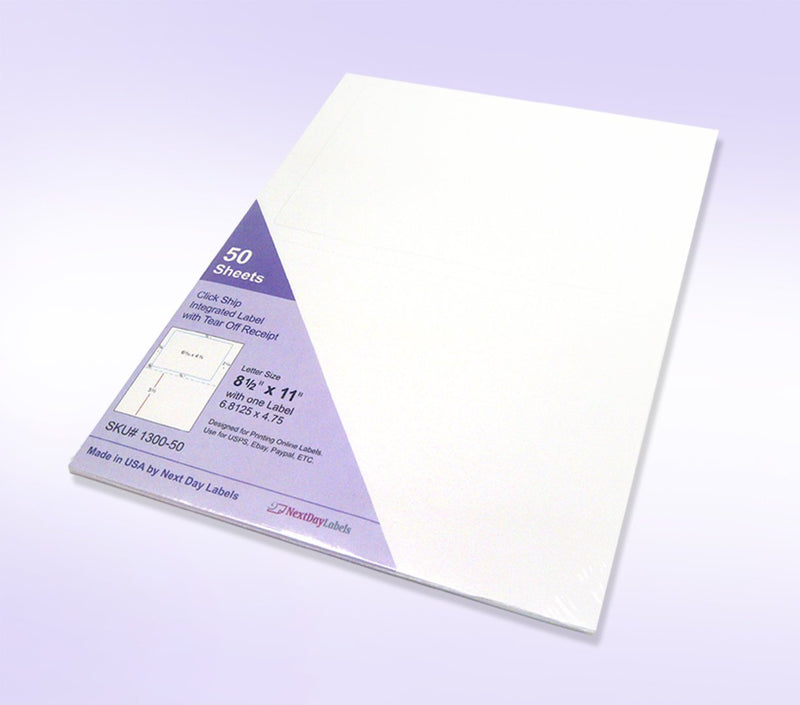 Click Ship Integrated Label Sticker with Tear Off Receipt, Designed for Printing Online Labels. 8-1/2" x 11" Sheet with one Label 6.8125" x 4.75", Use for USPS, Ebay, Paypal, Etsy, ETC. (50 Labels) Pack of 50 Sheets