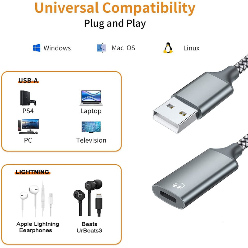 USB A to Lightning Audio Adapter Cable USB 3.0 Male to Lightning Female HiFi Audio Headphones Converter Fit with USB A MacBook Computer PC Support Volume Control Mic Nylon Braided Grey
