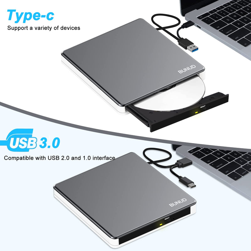 External CD DVD Drive USB 3.0 Type C CD/DVD ROM Burner CD DVD +/-RW Optical Disk Drive Reader with 2 USB and TF/SD Slots Slim Portable Writer Player for Laptop Mac MacBook Windows 11 10 PC Linux OS
