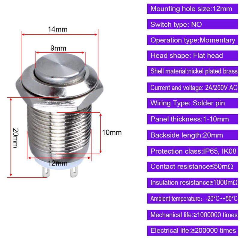 Gebildet 10 pieces waterproof push button momentary stainless steel button on off 12 mm 2A/12 V/24 V/125 V/250 V (protruding) 12 mm momentary