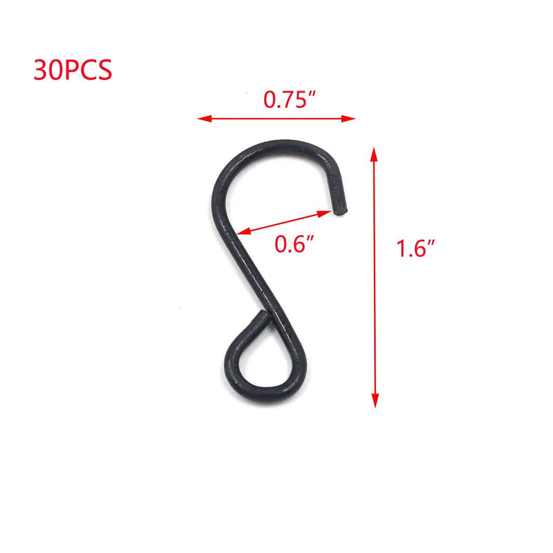 T Tulead 30PCS S-Hooks Small Metal Hooks 1.6" Outdoor Black Hooks for Bedroom,Bathroom,Kitchen,Office 1.6"