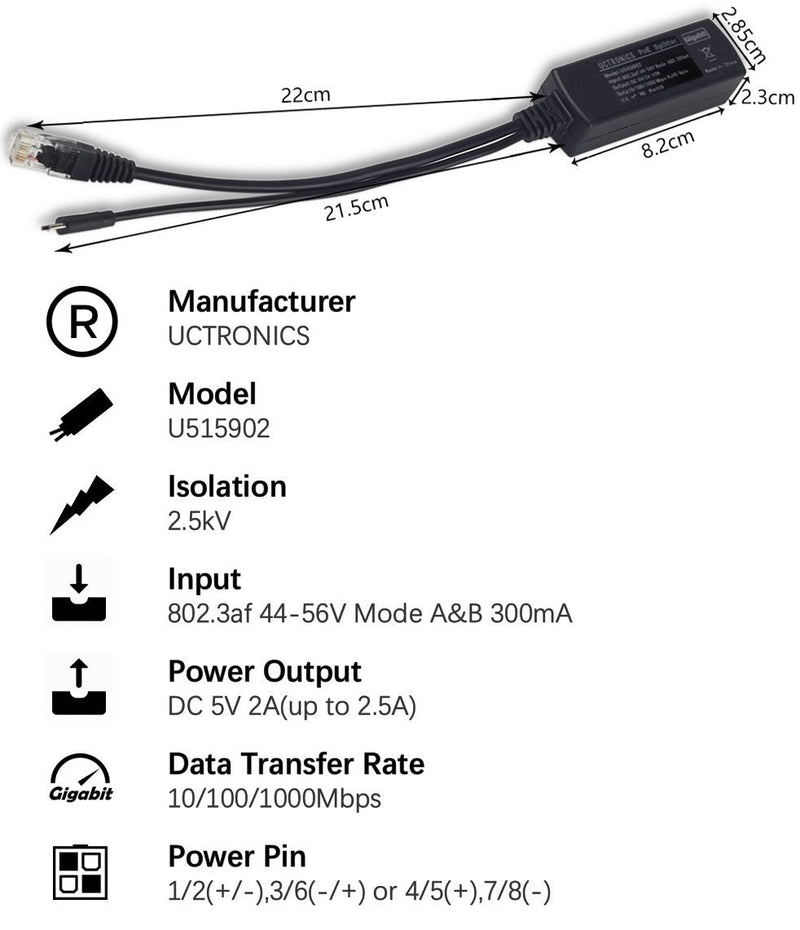 UCTRONICS PoE Splitter Gigabit 5V - Micro USB Power and Ethernet to Raspberry Pi 3B+, Work with Echo Dot, Most Micro USB Security Camera and Tablet - IEEE 802.3af Compliant