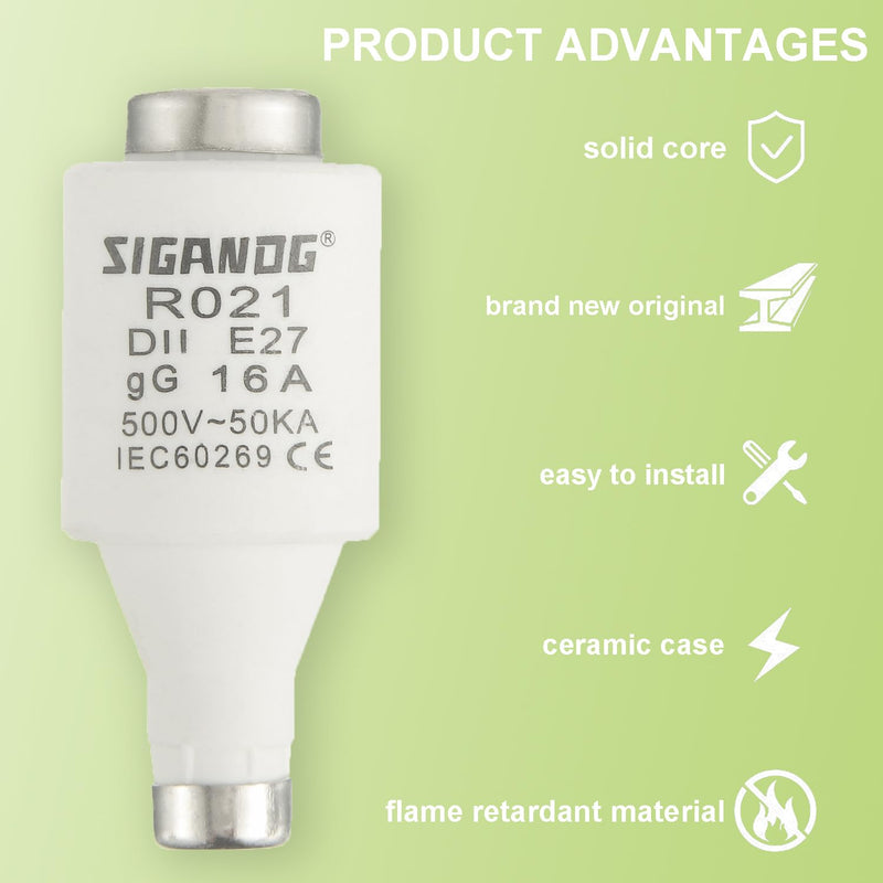 SIGANDG 16A DII E27 R021 Spiral Ceramic Fuses gG Diazed Fuse Inserts 500VAC for Cable and Line Protection (Pack of 10)