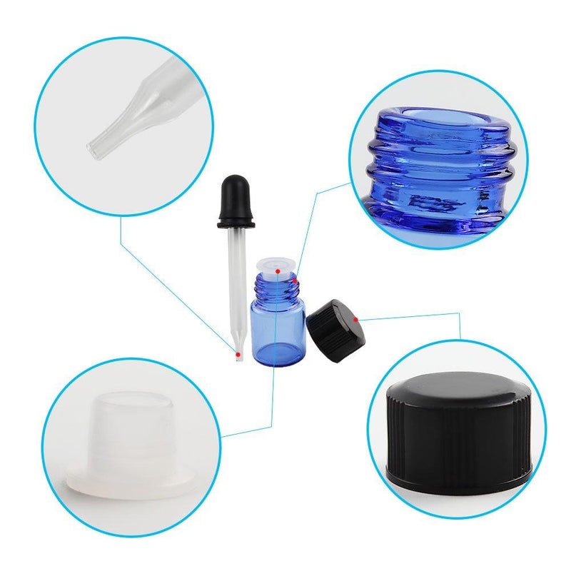 Essential Oils Sample Bottles, Teenitor 36 Pcs 2 ml (5/8 Dram) Cobalt Blue Oil Bottles For Essential oils , Amber Glass Vials With 2 Free Glass Transfer Eye droppers