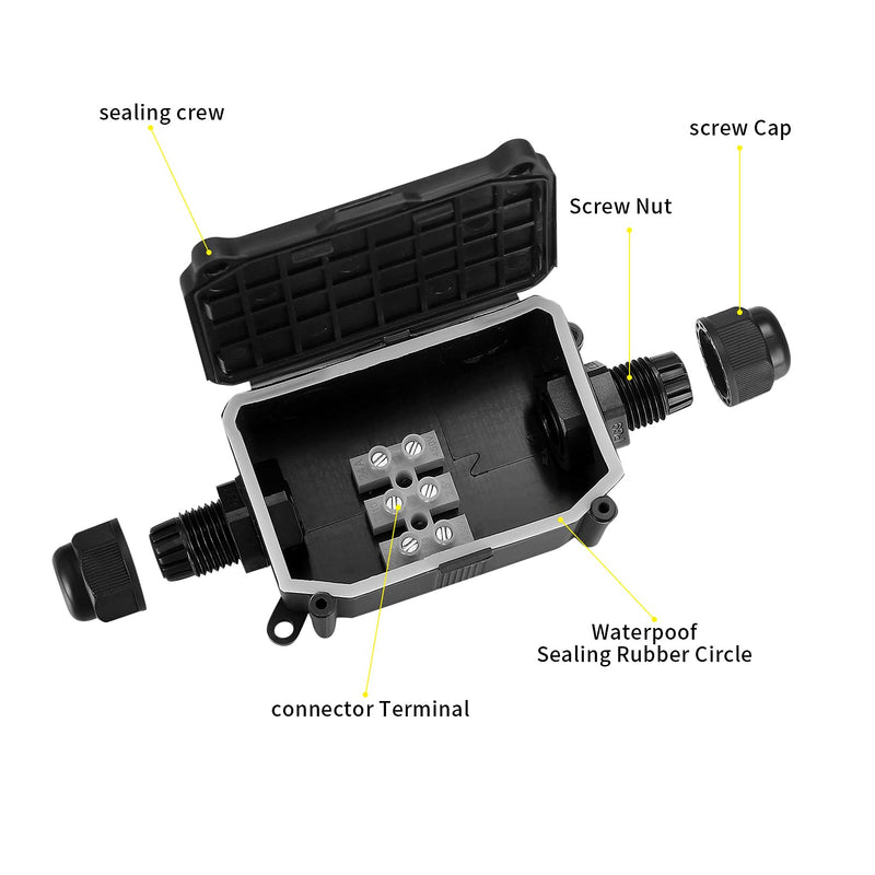 Pack of 4 IP66 waterproof junction boxes, 2-way outdoor cable connector distribution box, black extension cable junction box with PG9 screw connections for Ø3mm-8mm Ø6mm-10mm cable cable 2-way