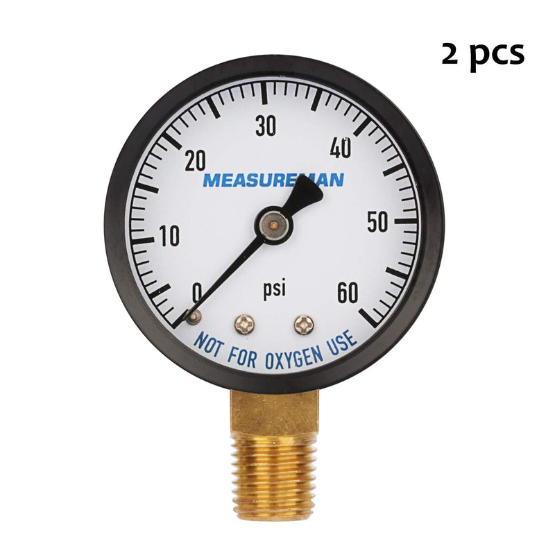 MEASUREMAN 2" Dry and Utility Pressure Gauge, Swimming Pool Filter Pressure Gauge, Spa, Aquarium, Water Pressure Gauge, 1/4"NPT Lower Mount 0-60Psi x 2 pcs