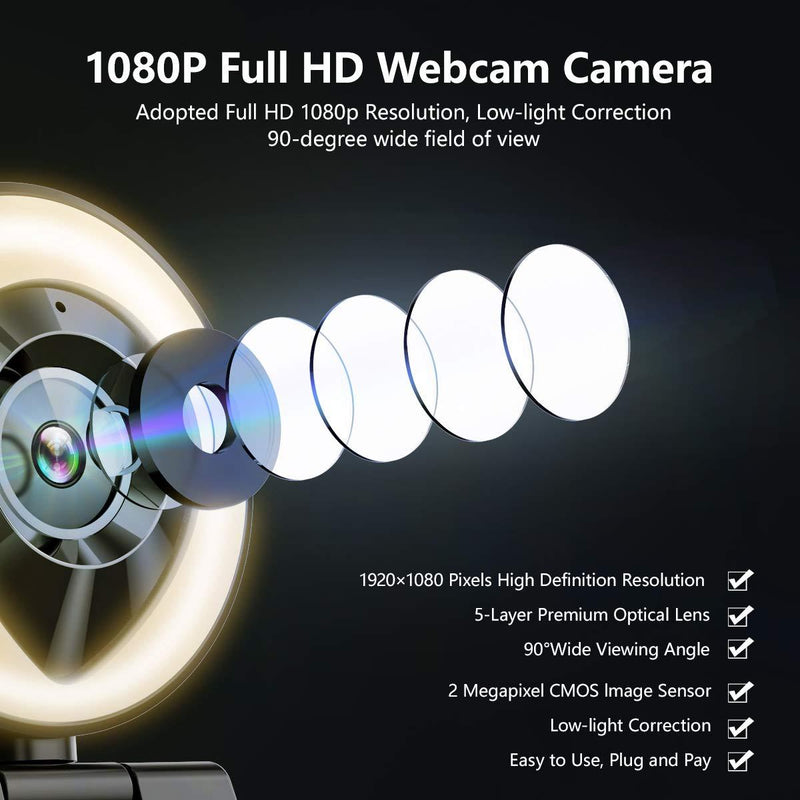 Streaming Webcam with Dual Microphone 1080P Adjustable Right Light Pro Web Camera Advanced Auto-Focus with Tripod JIGA Zoom Camera Gaming Webcam for Xbox Facebook YouTube Streamer Conferencing Ring Light Webcam