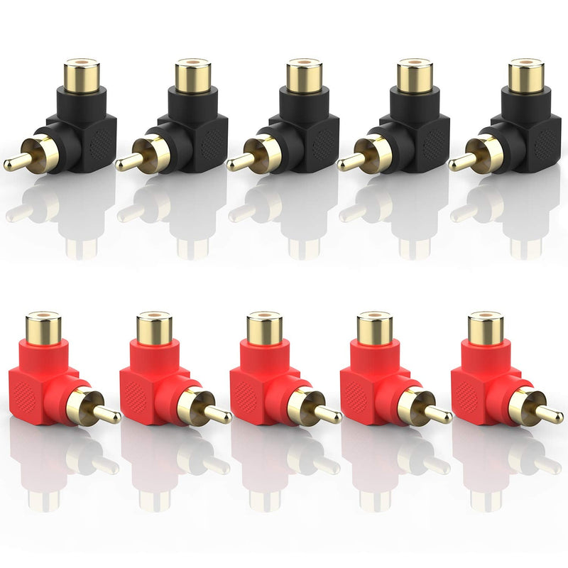RCA Male to RCA Female Adapter Right Angle Connector Plug M/F 90 Degree Elbow Gold-Plated (5 Black + 5 Red) (10 Pack)