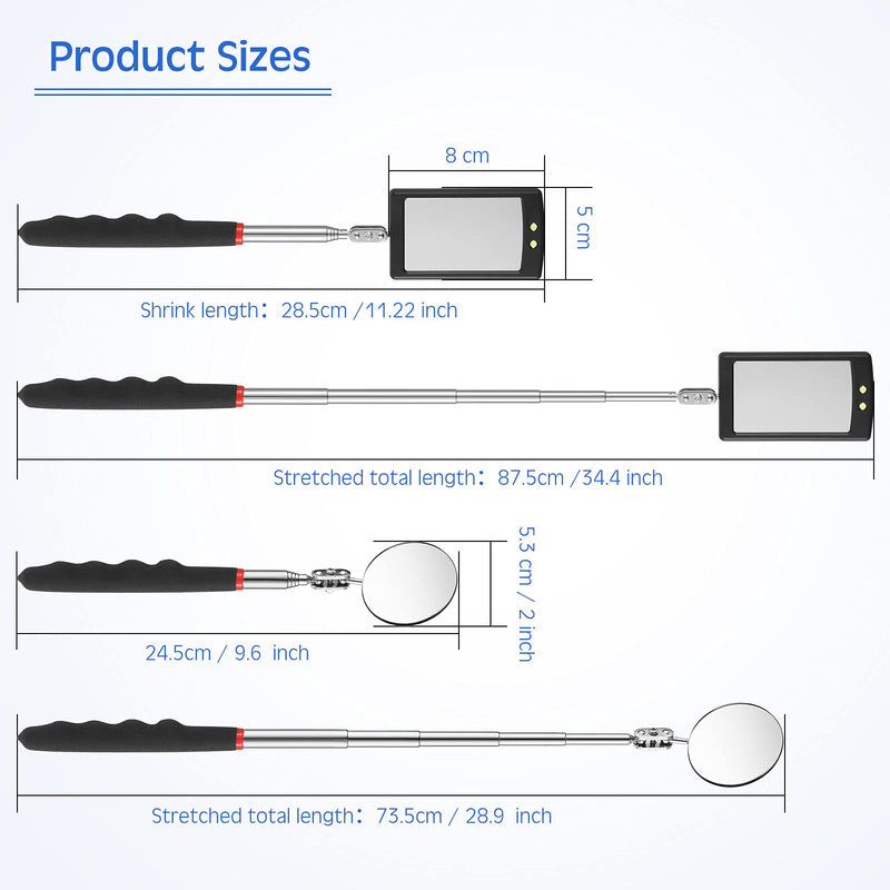 2 Pieces Lighted Telescoping LED Inspection Telescoping Mirror Flexible Telescoping Mirror Round Mirror Handle Telescoping Pickup Tools Present for Christmas, Birthday Father's Day Everyday Carry