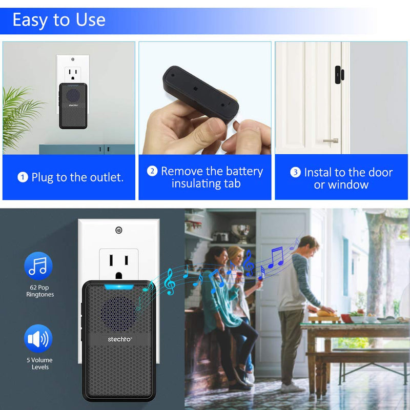 Wireless Door Chime, 600ft Range 2 Magnetic Door Alarm Sensor 1 DoorBell Plugin Receiver set with 62 Tunes 5 adjustable Volumns for Business/Home/Office/Stores,STECHRO (1 Receiver+2 Sensor) 1 Receiver+2 Sensor
