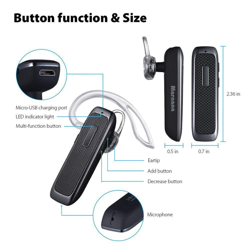 Bluetooth Headset, Marnana Wireless Bluetooth Earpiece with 18 Hours Playtime and Noise Cancelling Mic, Ultralight Earphone Hands-Free for iPhone iPad Tablet Samsung Android Cell Phone Call-Upgraded Black