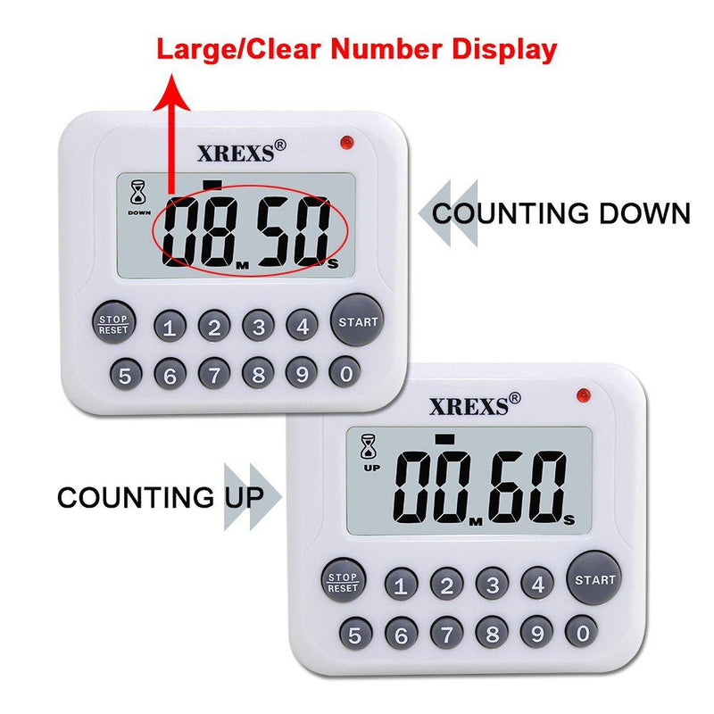 XREXS Digital Kitchen Timer Magnetic Countdown Up Cooking Timer Clock with Magnet Back and Clip, Loud Alarm, Large Display Minutes and Seconds Directly Input-White (2 Pcs, Battery Included) PS-367 2 Pcs