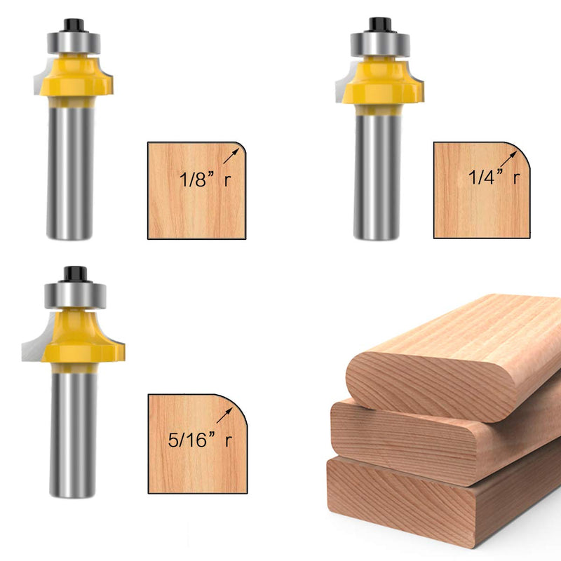 1/2 Inch Shank Round-Over Router Bits Corner Rounding Edge-Forming Roundover Beading Router Bit Set - 1/8" 1/4" 3/16" 7/16" 3/8" 1/2" Radius 6 Pcs by ROOCBIT Corner Round Bit-1/2"Shank-6PCS