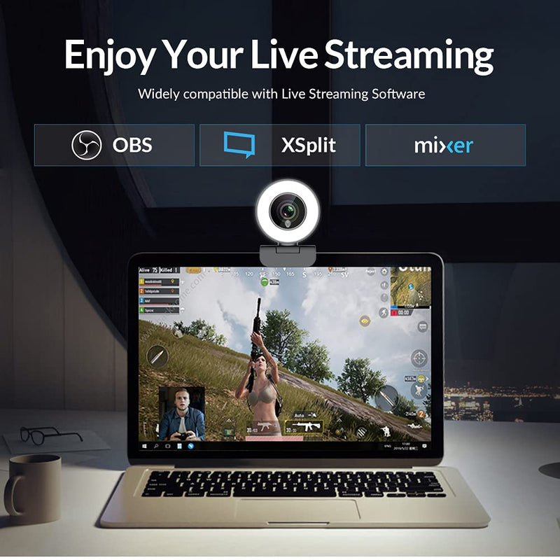 Angetube Streaming 1080P HD Webcam Built in Adjustable Ring Light and Mic. Advanced autofocus AF Web Camera for Google Meet Xbox Gamer Facebook YouTube Streamer