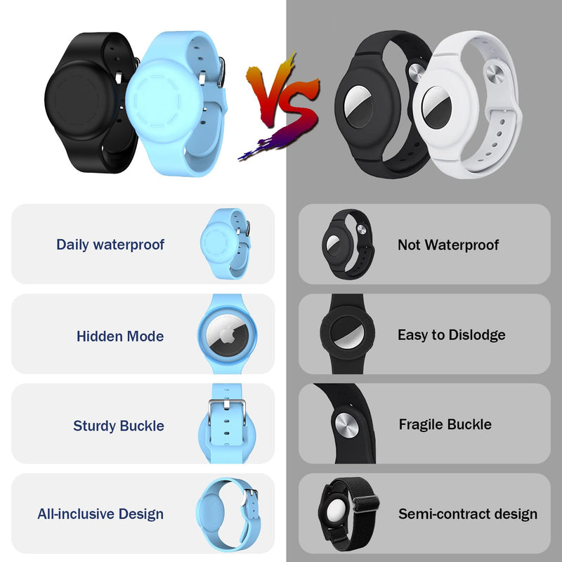 R-fun Waterproof Air Tag Bracelets for Kids [2 Pack] Compatible with Apple Air Tag Tracker with Soft Silicone,Anti Lost GPS Trackers Case Cover for Kids,Black/Glow Blue Black/Glow Blue