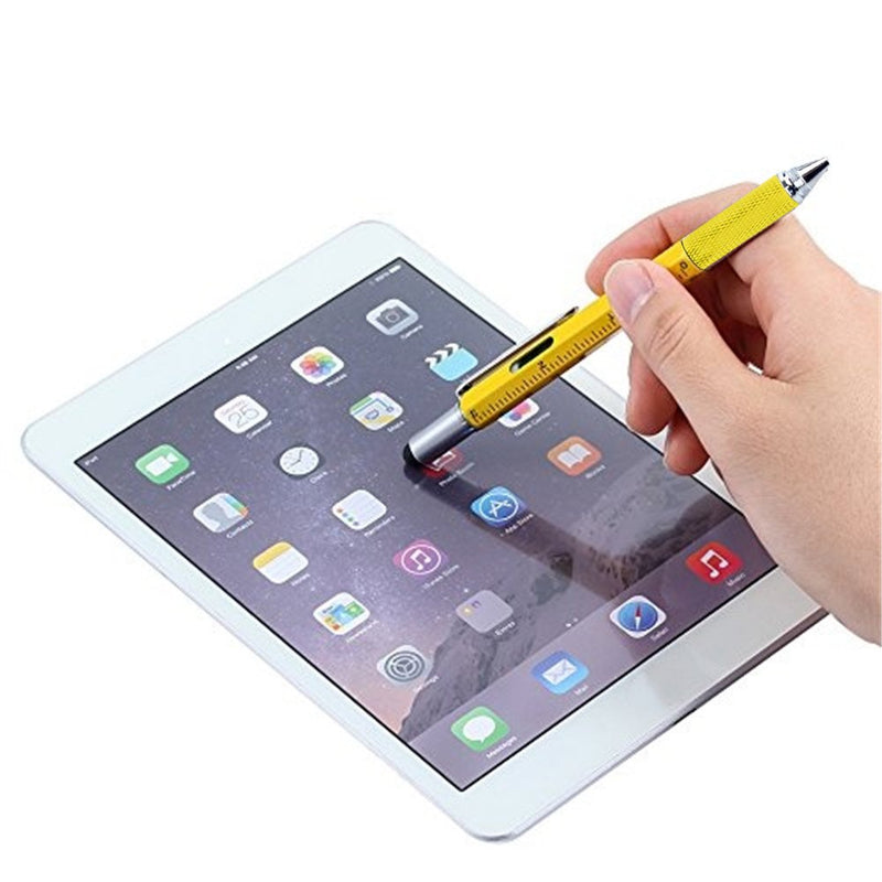 Multifunction Tool Pen, 6 in 1 Tool with Ballpoint Pen, Touch Screen Stylus, Ruler, Spirit Level, Flat-head and Phillips Screwdriver, All-in-One Tech-Tool Pen with Ink Refills (Yellow + 2×Refills) Yellow + 2×Refills