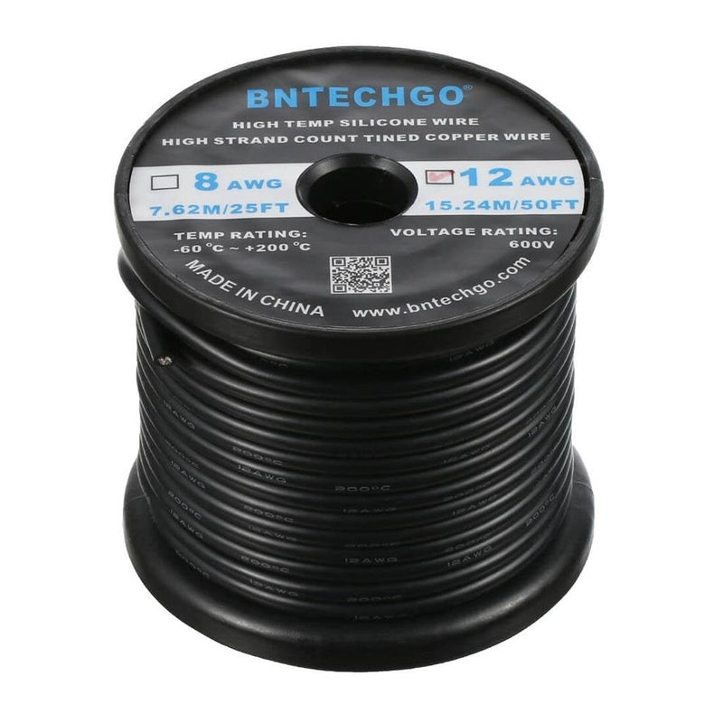 BNTECHGO 12 Gauge Silicone Wire Spool 50 ft Black Flexible 12 AWG Stranded Tinned Copper Wire silicone wire 50ft silicone wire black