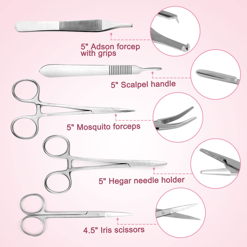 Ultrassist Suture Tool Kit Includes: Scissors, Adson Forceps, Needle Driver, Mosquito Forceps, Scalpel Handle; Complete Suture Instrument Kit for Educational Training-Pink Pink bag