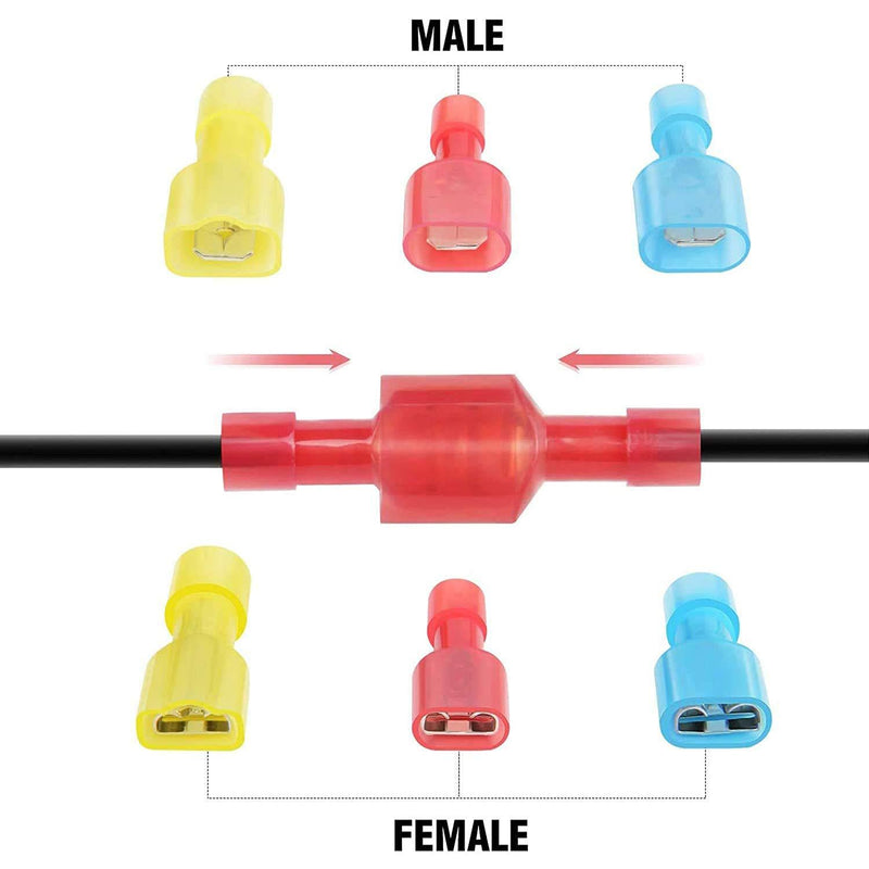 Amlits 100 PCS Nylon Spade Quick Disconnect Connectors Kit, Fully Insulated Male & Female Electrical Crimp Cold-Pressed Wire Terminals Assortment Kit