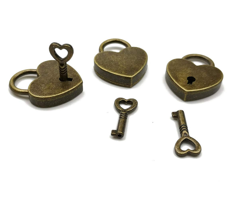 Hyamass 3pcs Vintage Antique Style Mini Heart Archaize Padlocks Key Lock with Keys(Bronze)