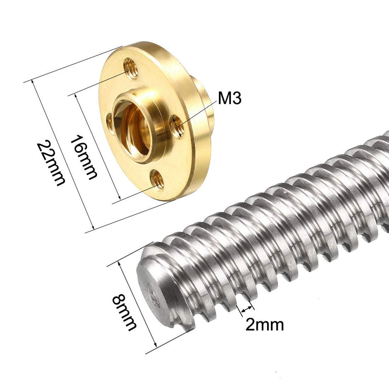 uxcell 350mm Length T8 8mm Dia Lead Screw Rod,2 Lead Stainless Steel Lead Screw Rod with Copper Nut Trapezoidal Thread for 3D Printer Z Axis