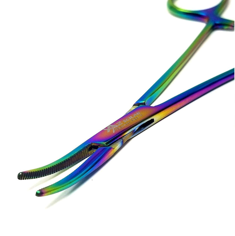 Hemostat Locking Forceps 5" Curved with Full Serrated Jaws Ideal for Clamping, Fishing, Firefighters Nurses Doctors + More (Rainbow) Rainbow