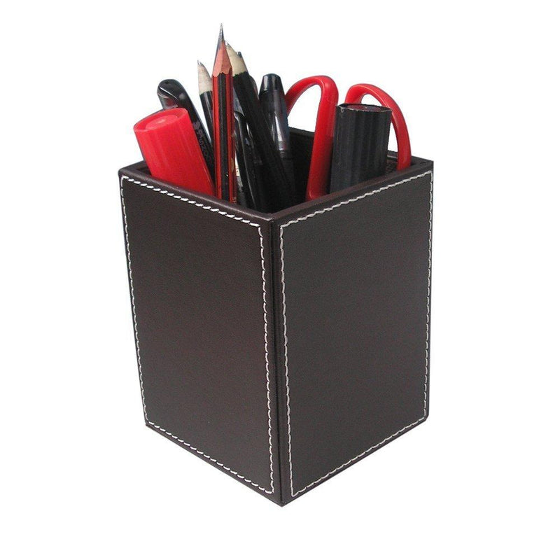 KINGFOM PU Leather Square Pens Pencils Holder Cup Desktop Stationery Organizer Case Office Accessories Container Box Brown Brown-S