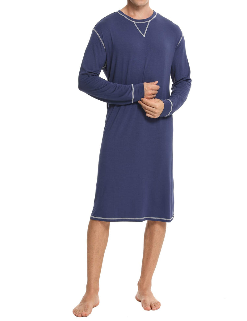SWOMOG Men's Nightshirt Long Sleeve Crewneck Modal Nightgown Loose Comfy Sleep Shirt Small Navy Blue