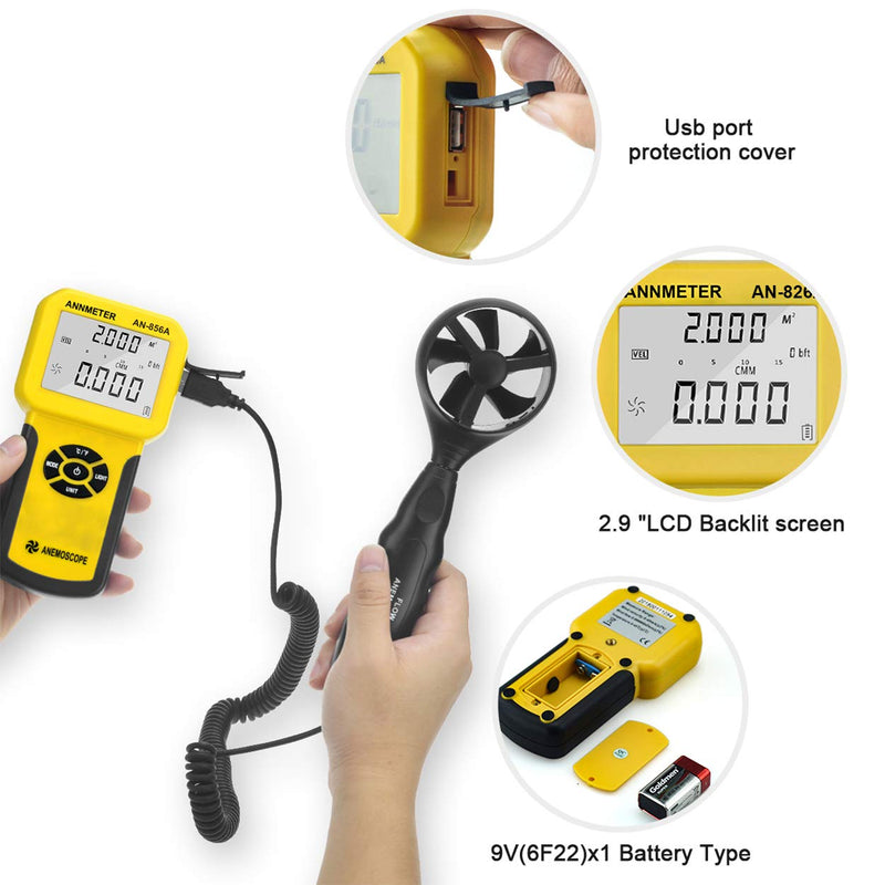 ANNMETER Pro HVAC Anemometer- Air Flow Velocity Meter AN-826A 0.001~100Mph Wind Speed Gauge,Handheld Wind Tester Measuring Airflow Movement Temp with Max AVG Current AI-826A HVAC Anemometer