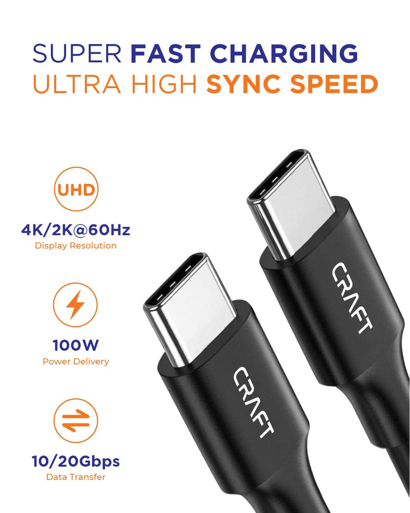 CRAFT USB-C to USB-C 3.2 Gen2x2 Power and Data Cable. 100W Fast Charging, 20Gbps Data Transfer. 0.5ft (18cm) 0.5ft (18cm)