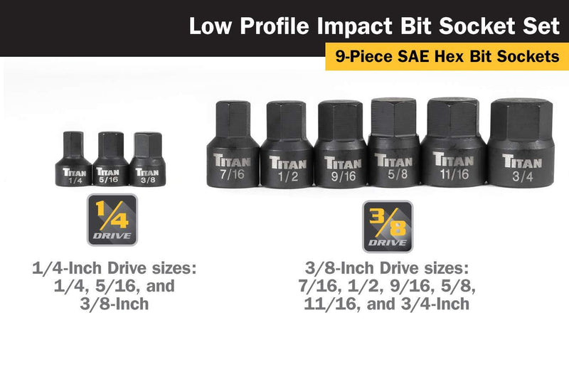 Titan Tools 16140 Low Profile Stubby SAE Hex Bit Socket Set - 9 Piece 1/4, 3/8-Inch Dr. SAE Hex