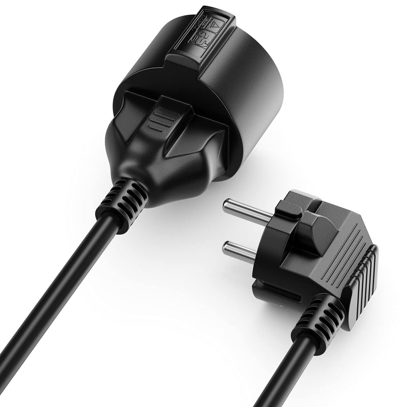 deleyCON 2m extension cable power cable power cable extension protective contact plug type F (CEE 7/4) 90° angled to socket (CEE 7/3) touch protection TV PC computer projector - black 2 M