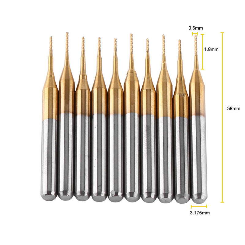 10pcs 3.175mm Shank Titanium Coating Tungsten Carbide End Mill Engraving Drill Bit for Corn Tip Board CNC SMT Rotary Milling Cutter 0.6mm Diameter