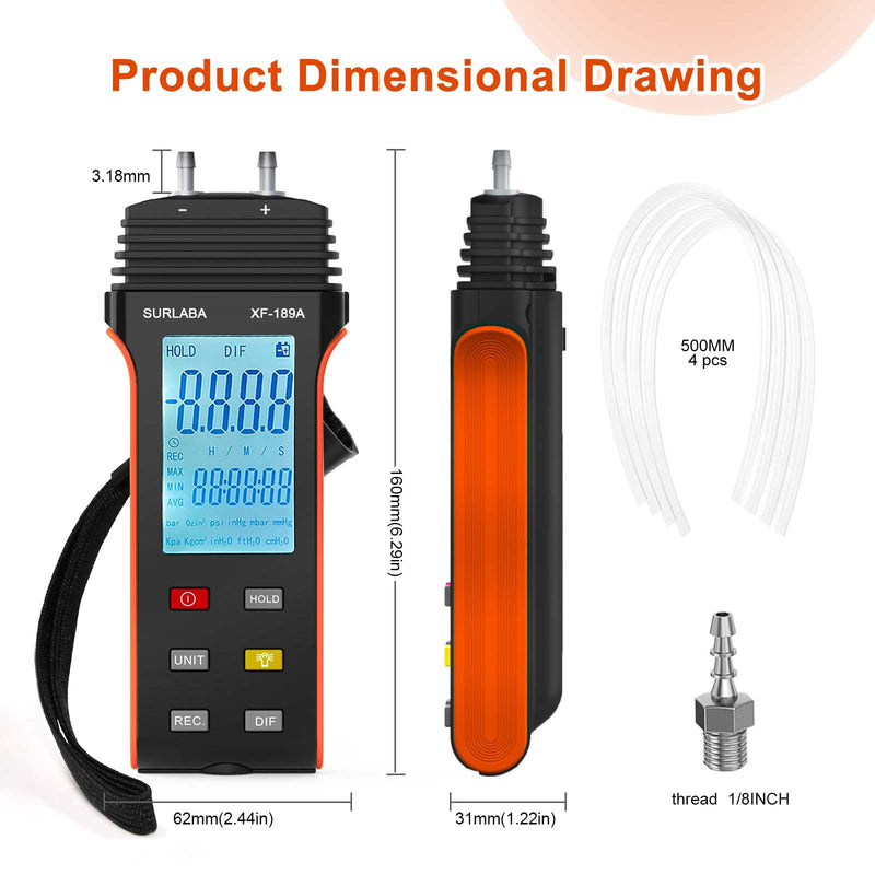 SURLABA Digital Pressure Gauge, Differential Pressure Gauge Measuring Range 6PSI, Gas Pressure Gauge with 11 Units, Differential Pressure Gauge for Differential Pressure of 1-2 Pipes, Ventilation, HVAC XF-189A (6Psi)