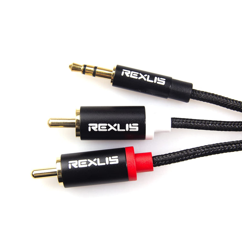 REXUS RCA Audio Cable 6 feet (1.8 M), 3.5mm Male to 2-Male RCA Stereo Audio Adapter Aux Cable Gold Plated Copper Aluminum Protect Shell(RCA35H18) Black