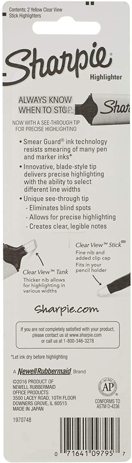 Sharpie Clear View Highlighter Stick, Yellow, 2/Pack (1950744) 2-Pack