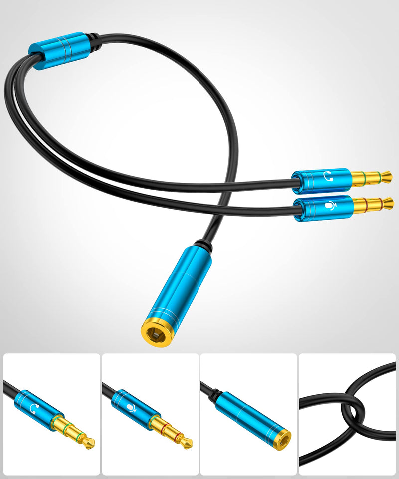 Headset Splitter Cable for PC 3.5mm Jack Headphones Adapter Headphone/Microphone Convertors for Computer 3.5mm Female to 2 Dual 3.5mm Male Earphone Y Splitter Light blue
