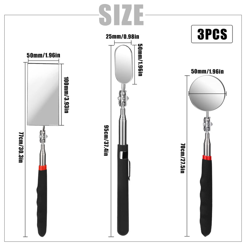 SAVITA 3 PCS Telescoping Inspection Mirrors, Retractable Inspection Mechanics Mirror Kit Observe Tool for Inspecting Vehicles Observing Eyelashes Oral Cavity (Square, Round and Oval)